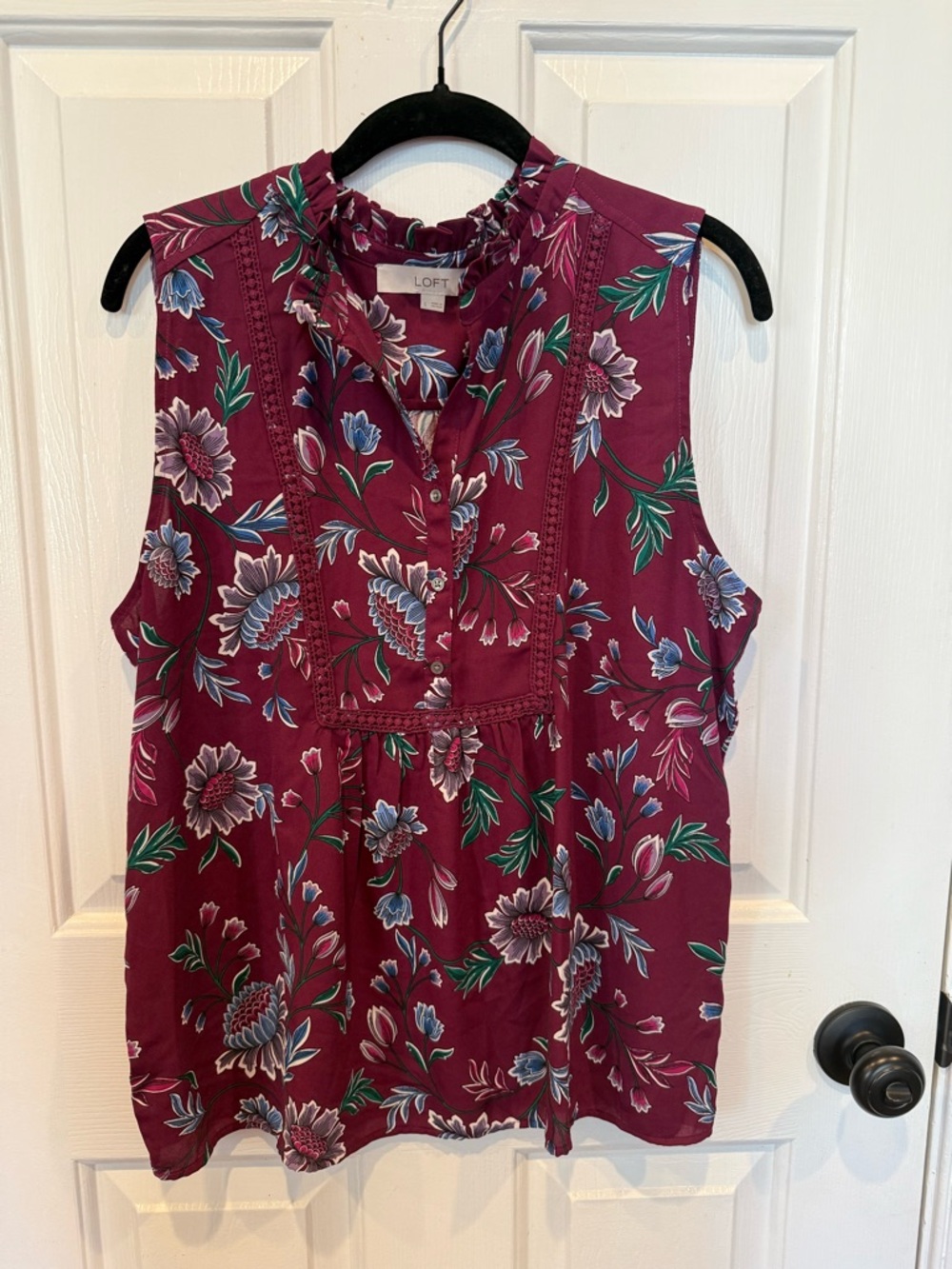 LOFT Sleeveless Floral V-Neck Top in Burgundy with Blue and Green Accents